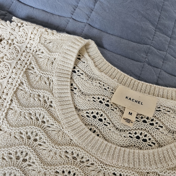 Kachel Anthropologie Shimmer Crochet  Sweater Tee Ivory Size M - Picture 4 of 11